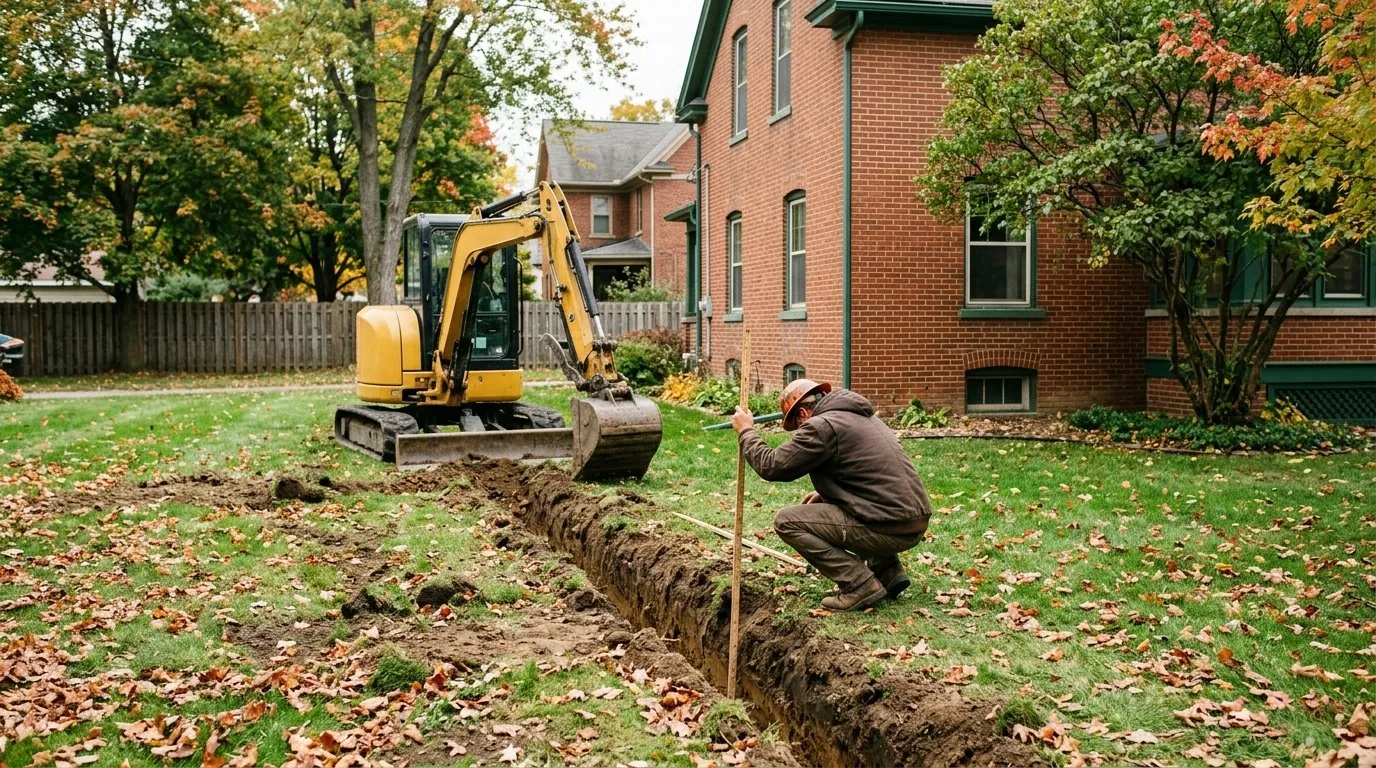A worker in a hard hat crouches beside a narrow trench cut across the front lawn of a brick house, holding a measuring rod while a compact yellow excavator sits at the end of the trench surrounded by fallen autumn leaves.